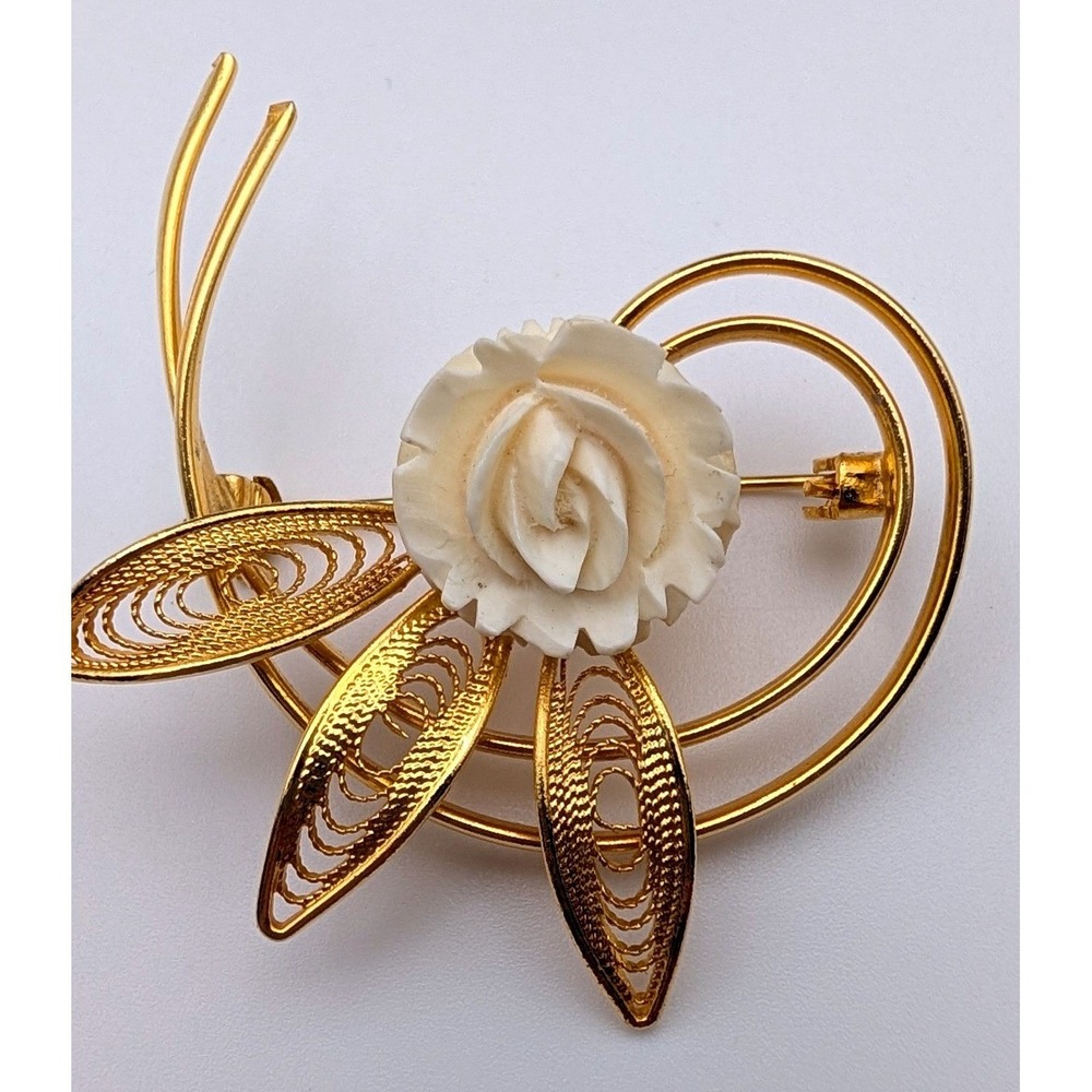 Vintage Gold Tone Filigree Carved White Rose Floral Brooch Pin Mid Century Style